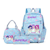A pink and blue multi-compartment casual backpack featuring a cute cartoon design.