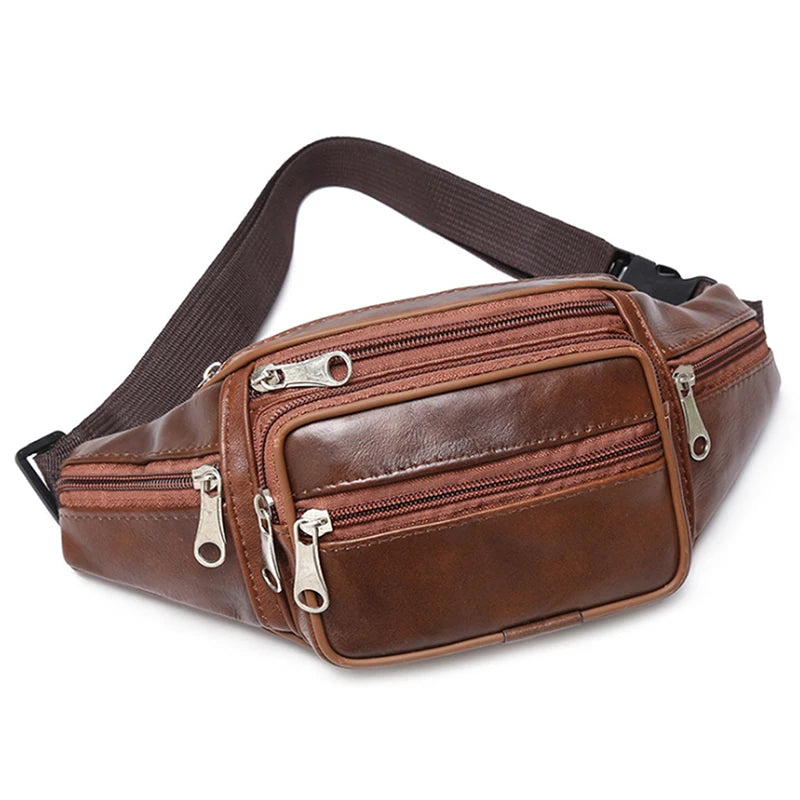 Brown men's PU leather waist pack with an adjustable strap shown from above.