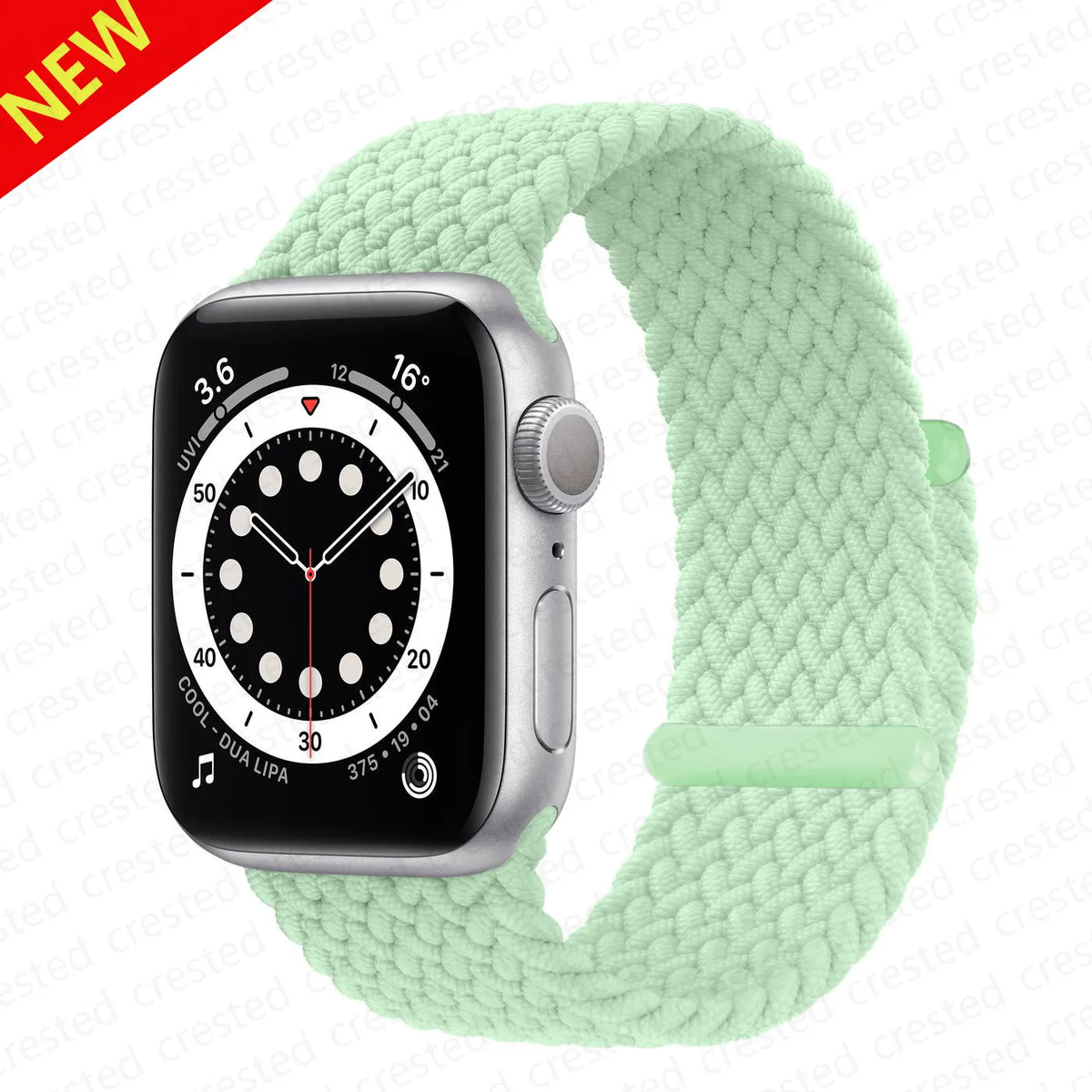 A silver Apple Watch is shown next to a light green braided stretch band.