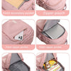 Mochila rosa mostrando diversos sistemas de almacenamiento, incluyendo bolsillos frontales, bolsas con cremallera y compartim