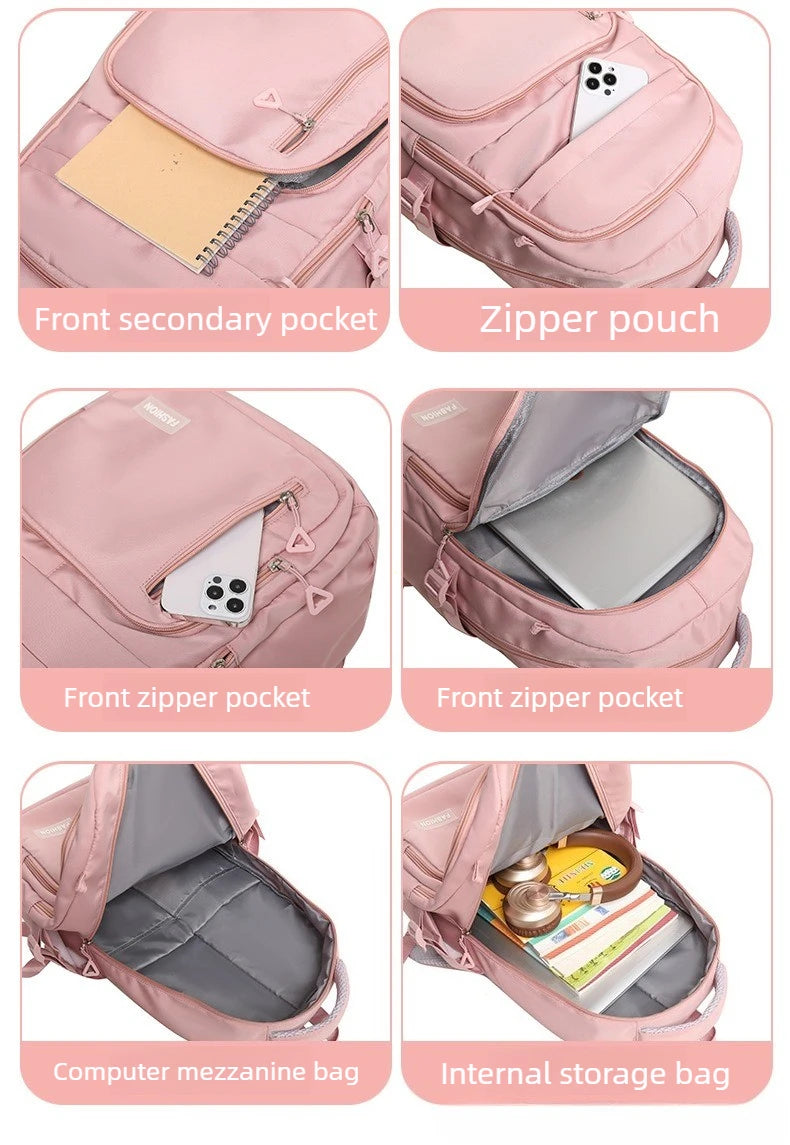 Mochila rosa mostrando diversos sistemas de almacenamiento, incluyendo bolsillos frontales, bolsas con cremallera y compartim