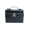 Black PU leather makeup bag with gold zippers and a handle