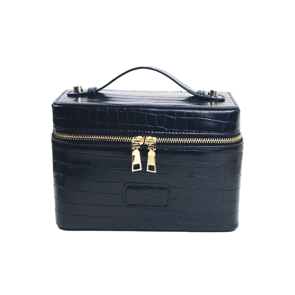 Black PU leather makeup bag with gold zippers and a handle