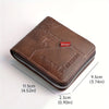 A brown slim PU leather wallet with a zipper closure shown from above.