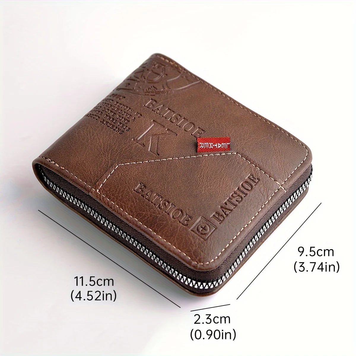 A brown slim PU leather wallet with a zipper closure shown from above.
