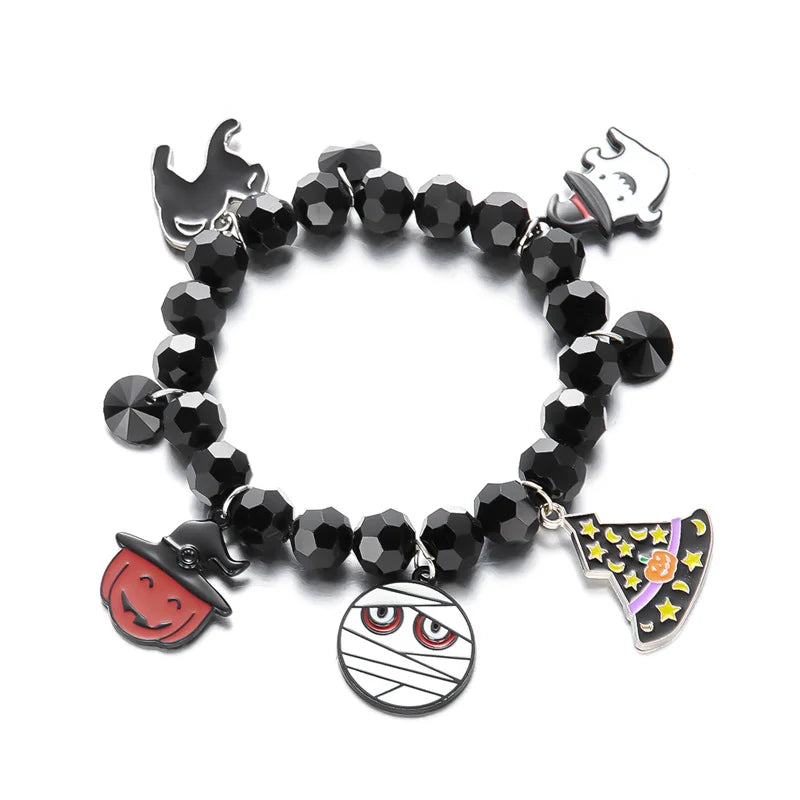 A black beaded bracelet featuring Halloween pumpkin and ghost charms.
