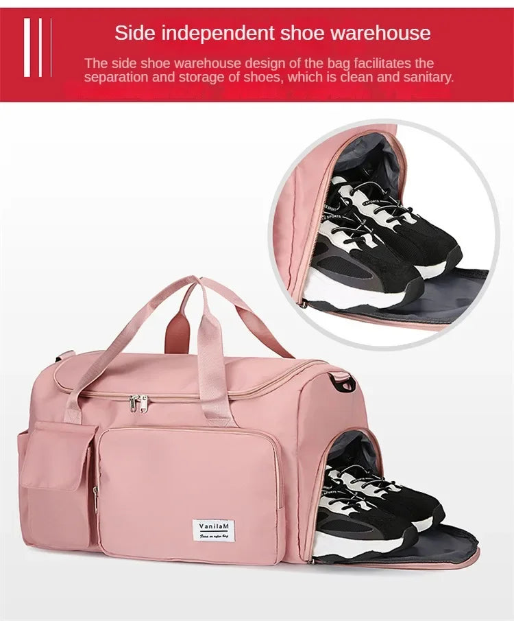 Pink side independent shoe warehouse bag with a separate compartment for storing shoes.