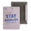 A pink vintage library card with handwritten text and a gray magnetic detachable cover.