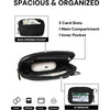 Black multi-functional zipper wallet with card slots and inner pocket shown open with a keychain strap.