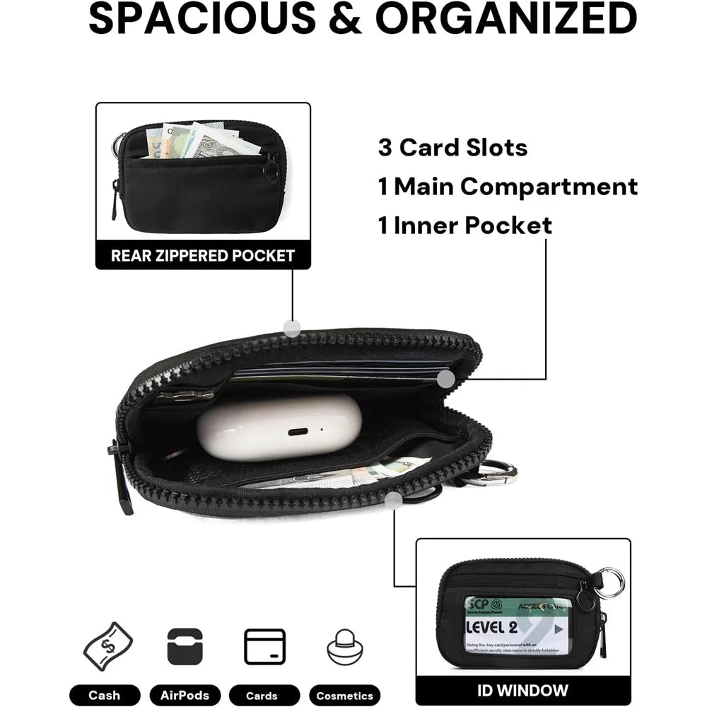 Black multi-functional zipper wallet with card slots and inner pocket shown open with a keychain strap.