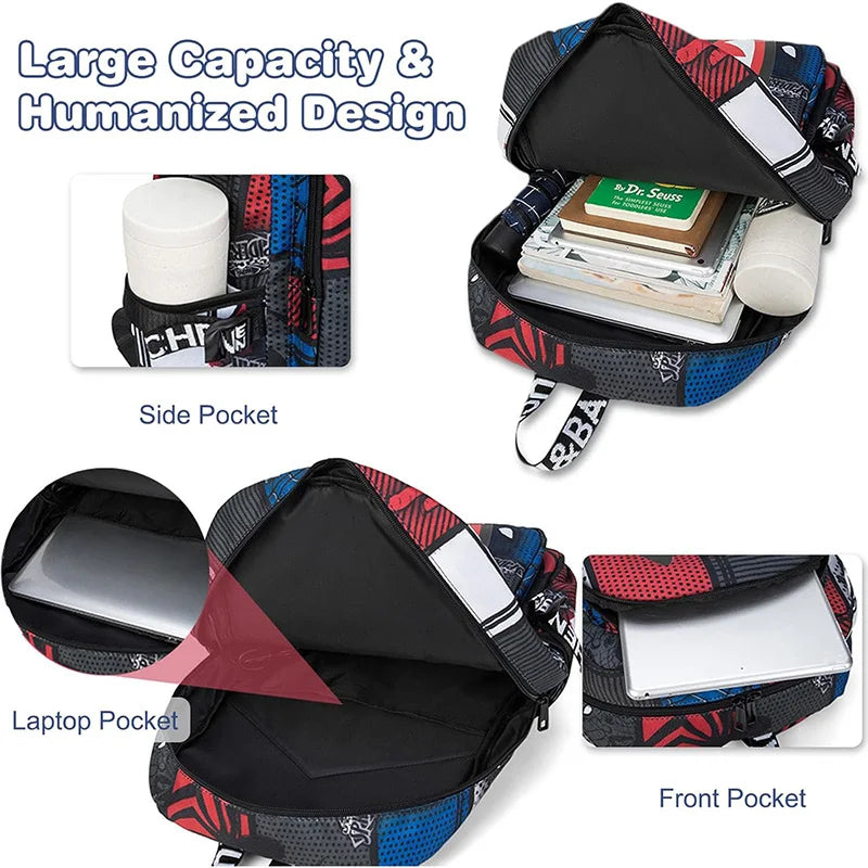 A black and red patterned backpack showing various pockets including a side pocket, laptop pocket, and front pocket.