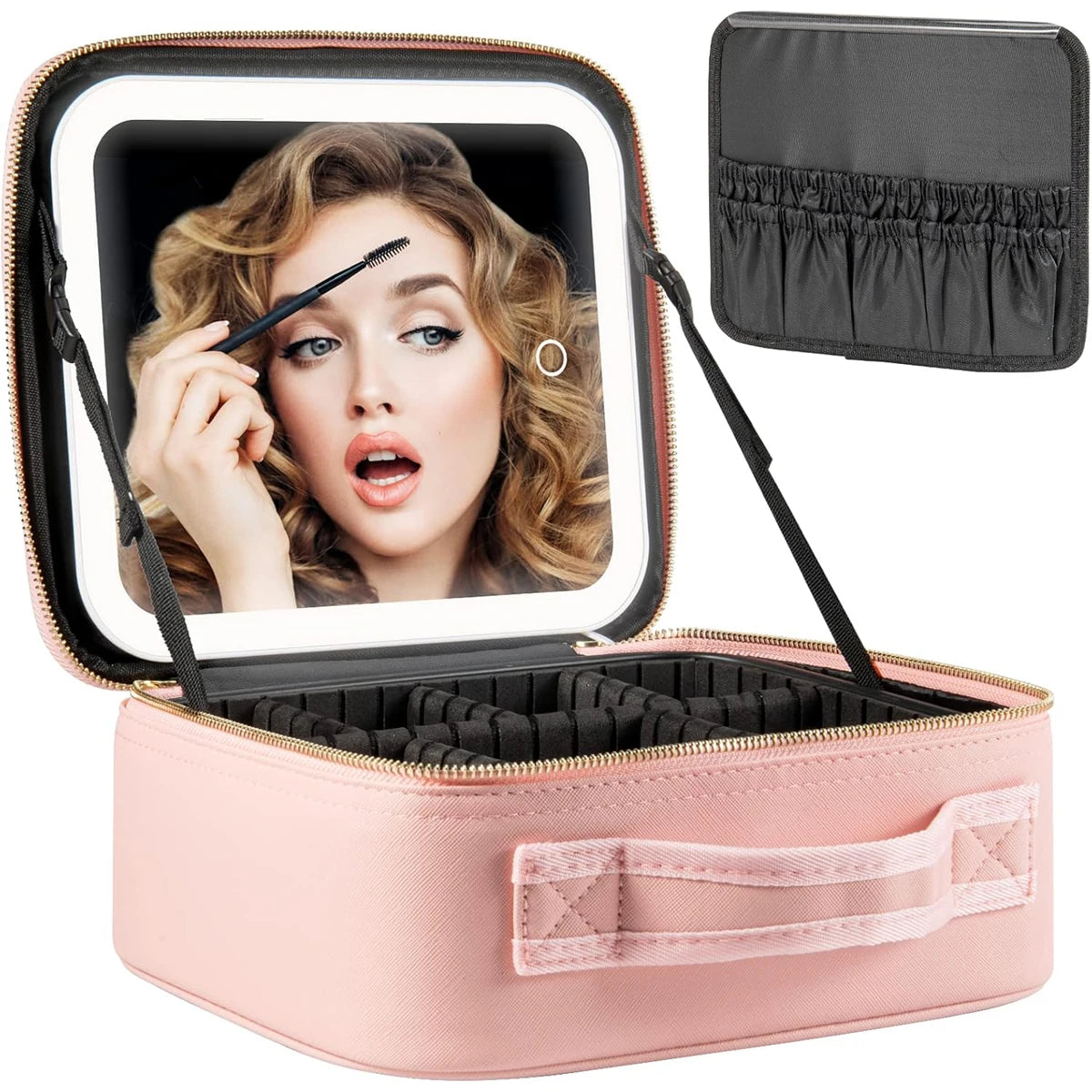 A pink LED lighted makeup train case with adjustable dividers is shown open, displaying a woman's face.