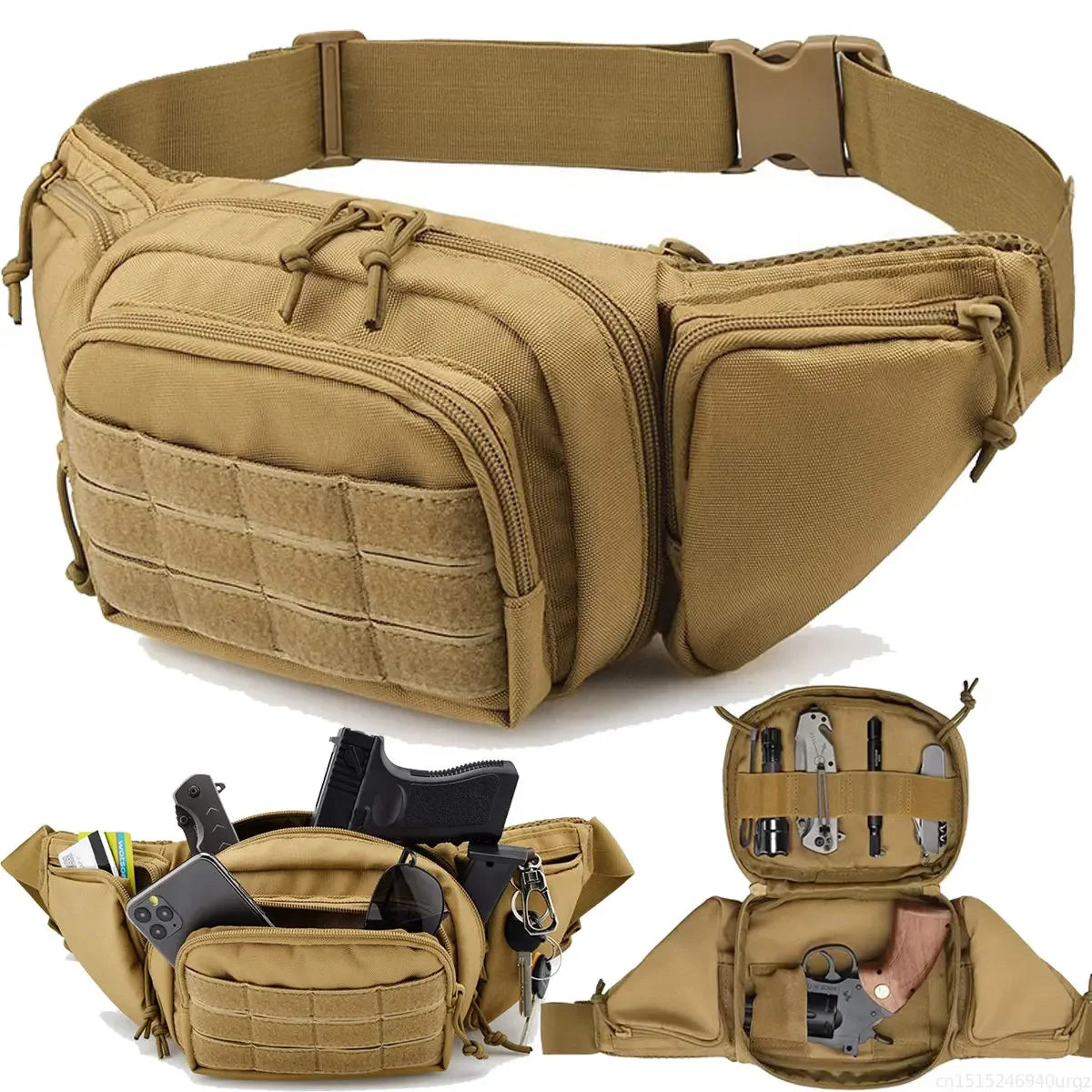 A tan multi-compartment waist pack designed for outdoor adventures, shown in various configurations.