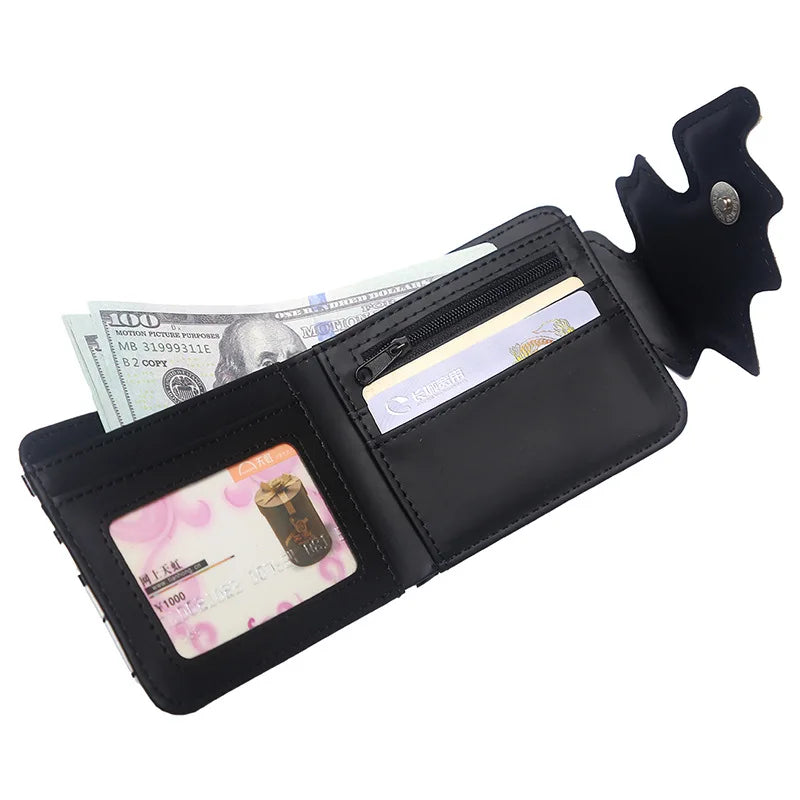 Black PU leather bi-fold wallet with a zipper pocket and a gothic bat print on the cover