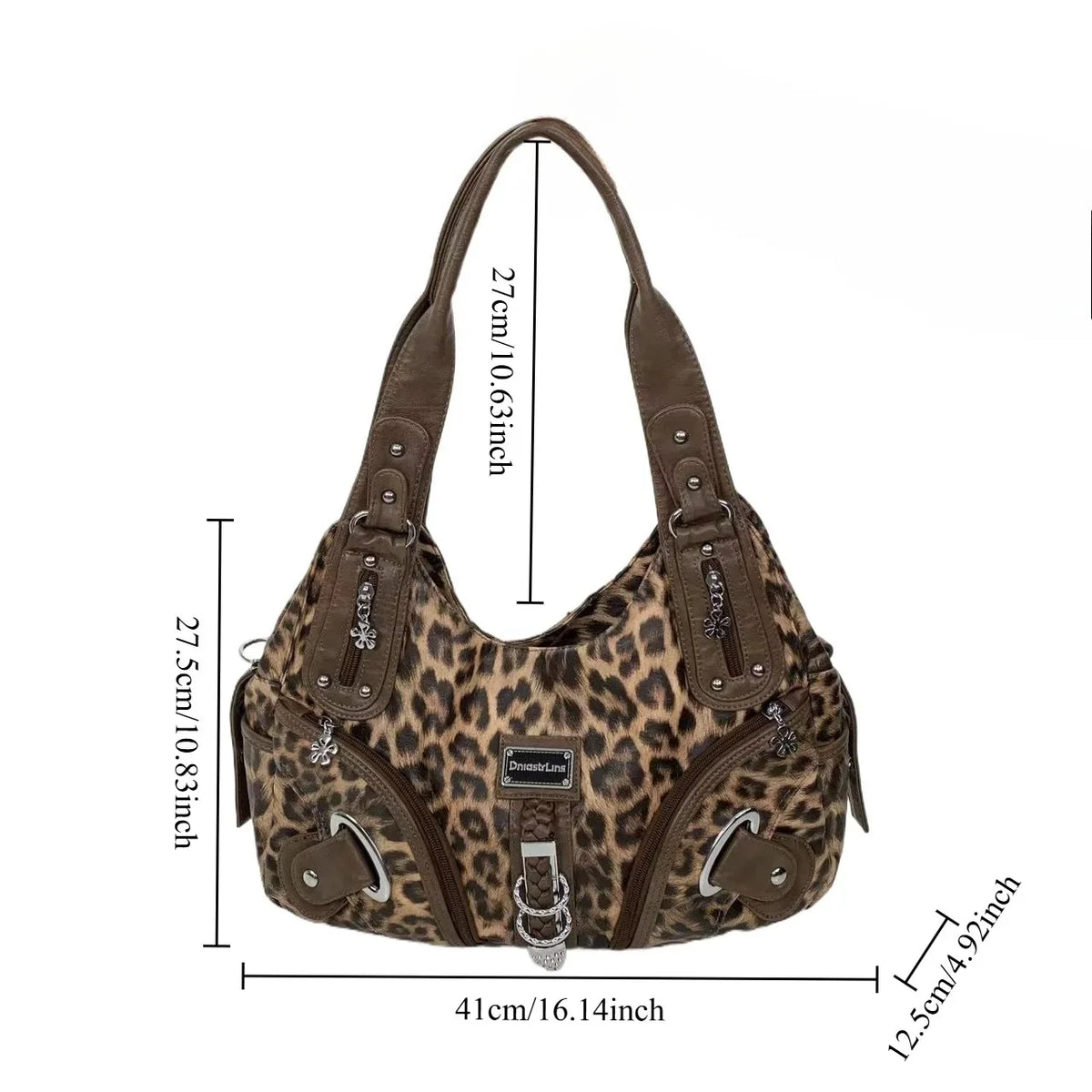 A brown leopard print crossbody shoulder bag with multiple compartments shown from the front.