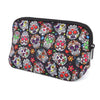 A black cosmetic organizer bag featuring a pattern of colorful skulls and flowers.