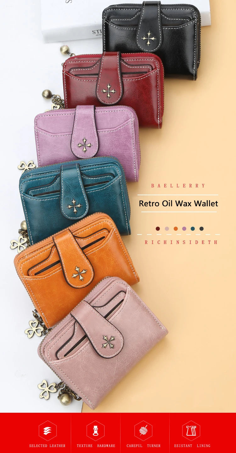 A collection of five retro oil wax wallets in various colors including black, red, purple, teal, and orange.