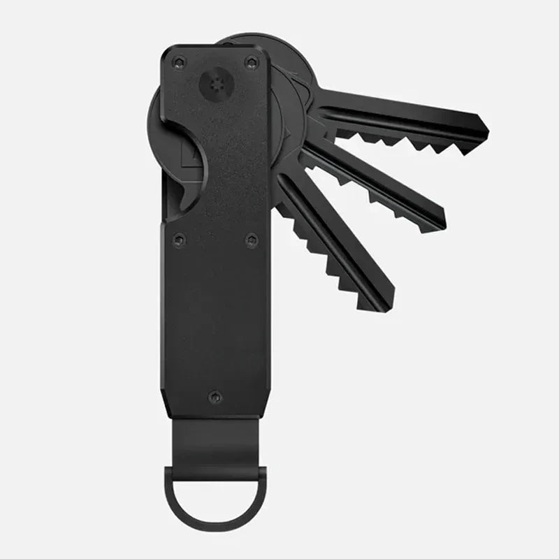 Porte-clés organisateur en métal noir minimaliste à lame divisée.