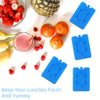Blaue wiederverwendbare Kühlpacks zum Frische und Geschmack von Mittagessen, gezeigt neben Obst.