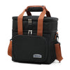 Bolsa térmica negra de doble capa con correas y hebillas marrones.