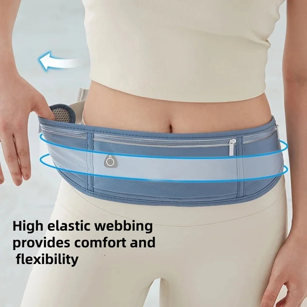 A close-up of a light blue elastic webbing waist pack worn on a person's torso, demonstrating its fit and flexibility.