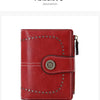 A red leather multi-fold wallet shown in an angle display view.