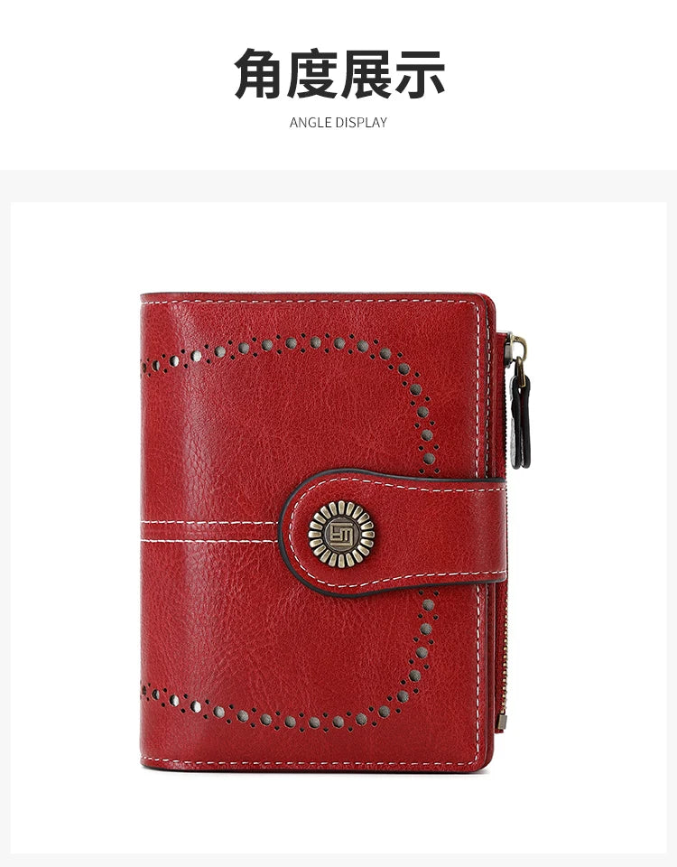 A red leather multi-fold wallet shown in an angle display view.