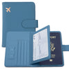 A blue slim PU leather wallet holding a passport and ID card with a plane emblem.
