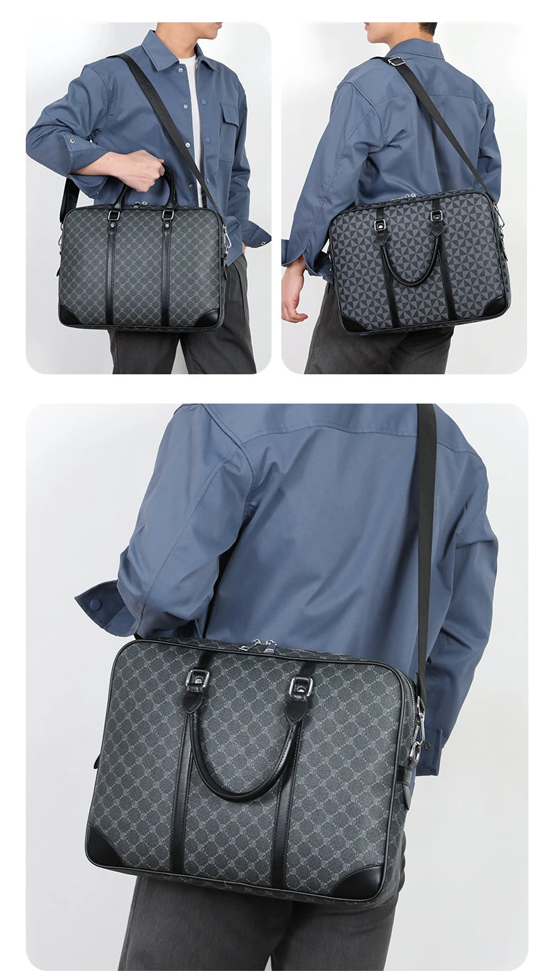 A navy blue executive PU leather laptop briefcase with a quilted pattern and black shoulder strap shown from the side.