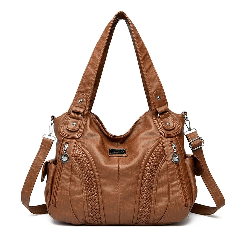 Braune Vintage weiche PU-Leder-Schultertasche mit gepolstertem Design und silberner Hardware.