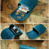 A teal leather multi-functional waist bag shown in various angles and close-ups.