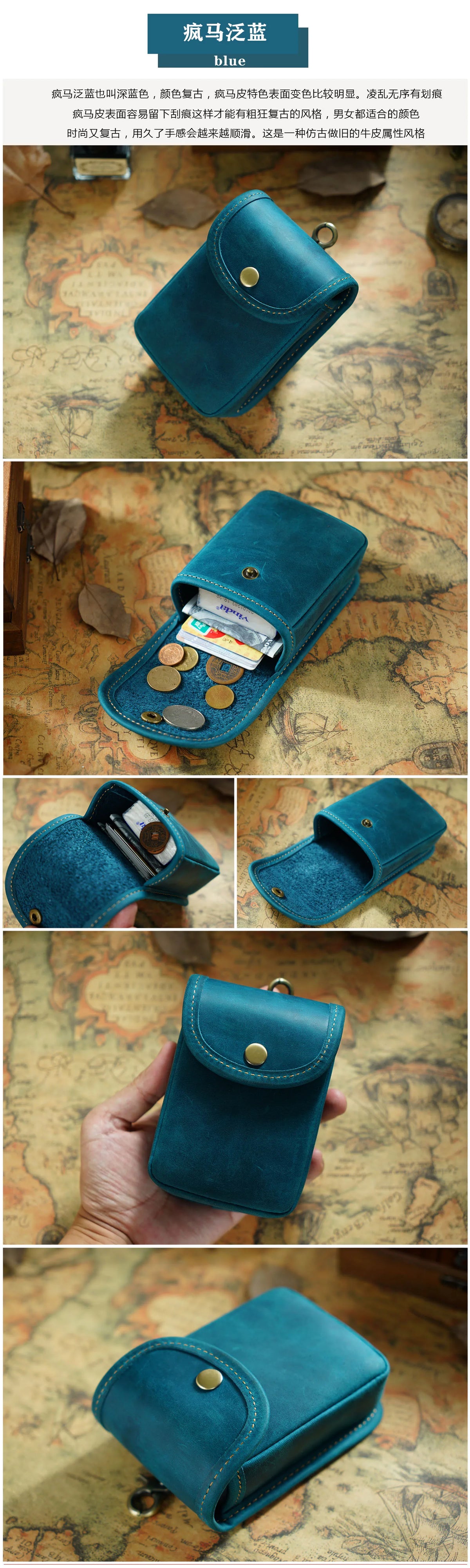 A teal leather multi-functional waist bag shown in various angles and close-ups.