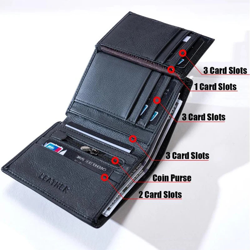 Black genuine leather men's business wallet showing various card slots and a coin purse.