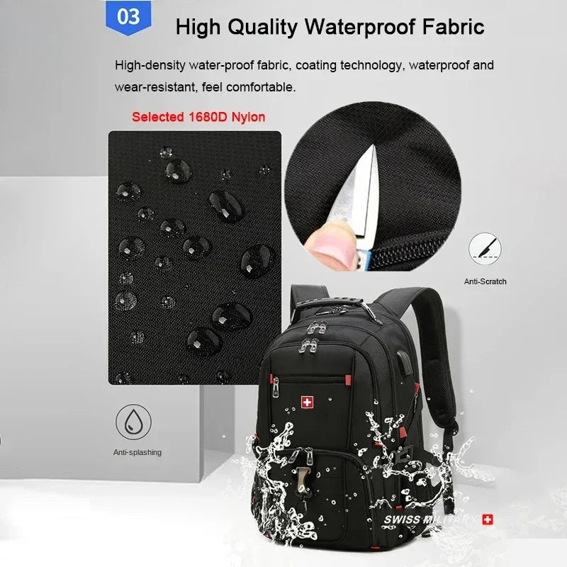 Black waterproof fabric laptop backpack with anti-scratch features and anti-splashing protection