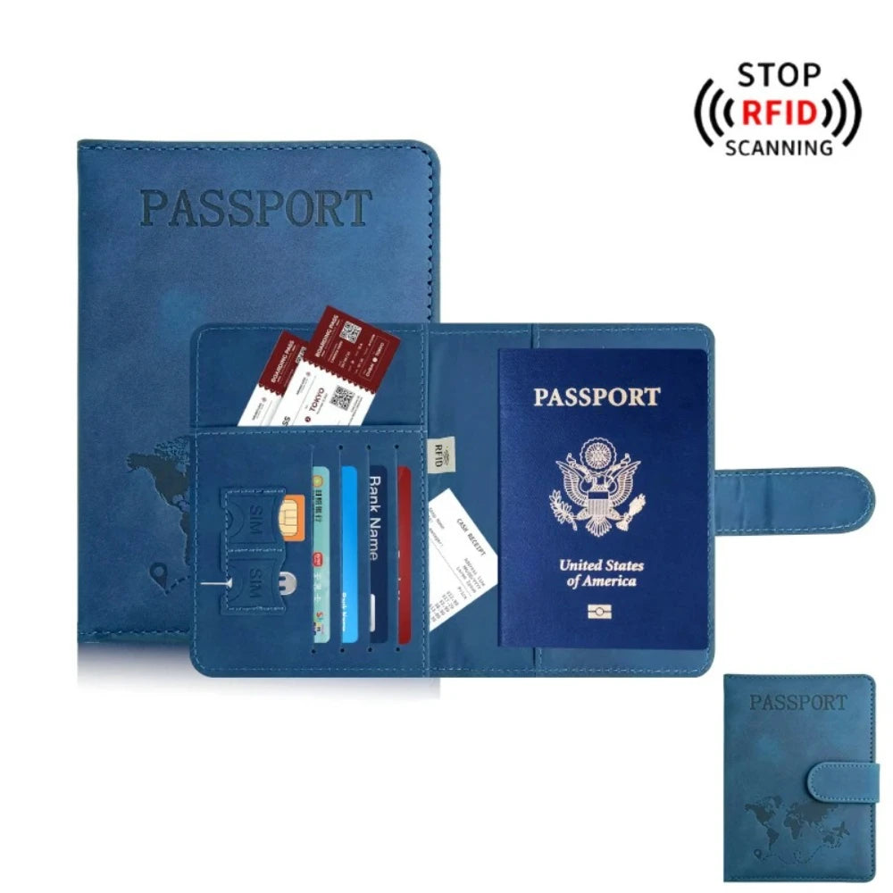 A dark blue passport holder with an RFID blocking feature displaying a passport document.