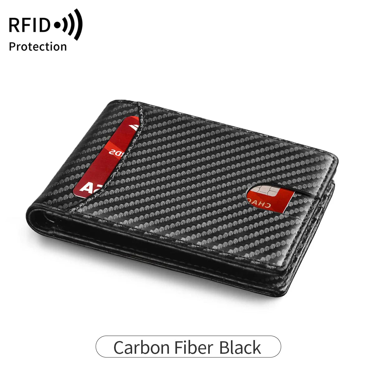 Black carbon fiber slim wallet with an RFID protection window
