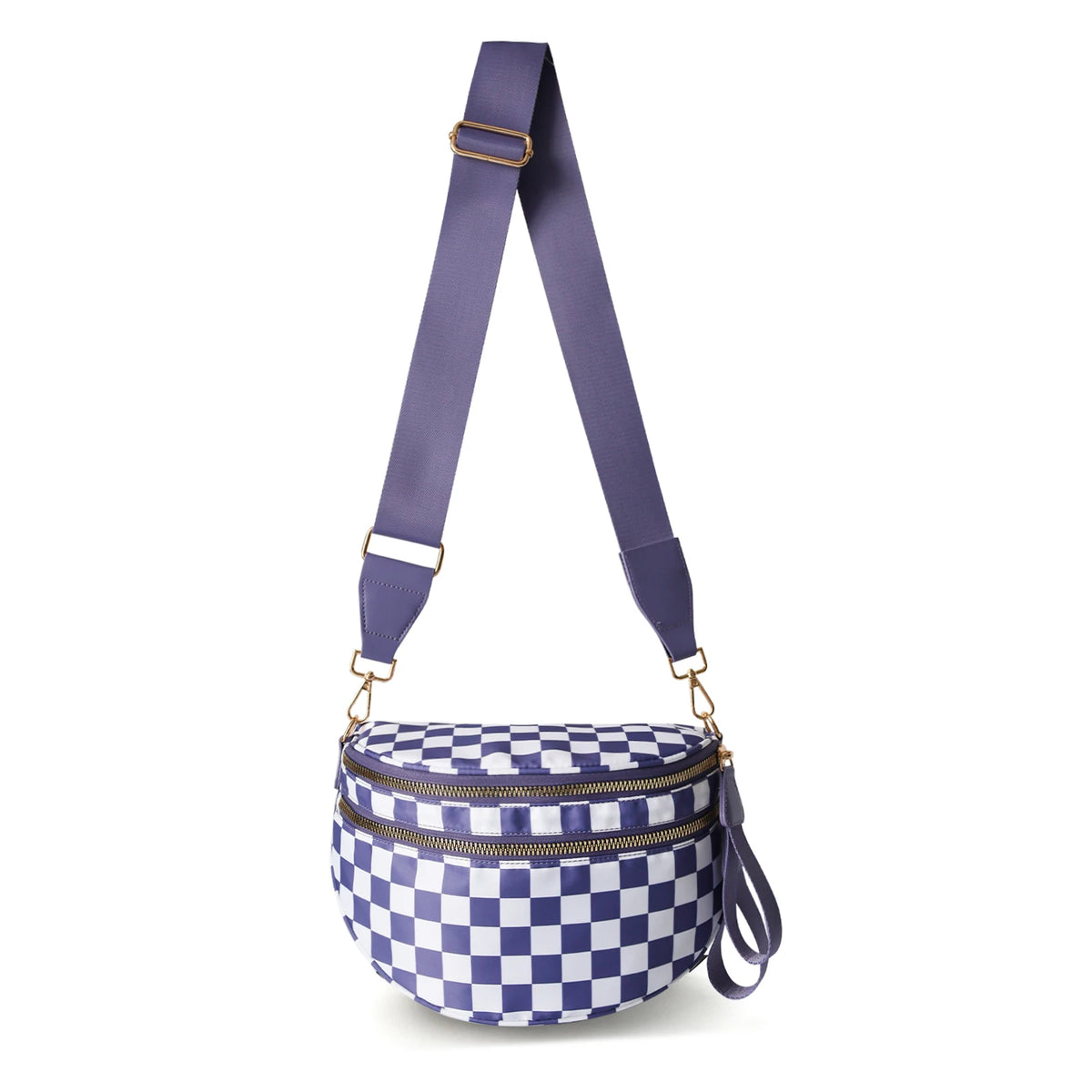 A purple nylon crossbody bag with a checkered pattern and gold hardware.