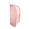 Bolsa de cosméticos de malla rosa con bolsillo superior transparente.