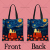 A pair of dark blue cartoon-themed tote bags featuring a night sky and silhouette landscape design.