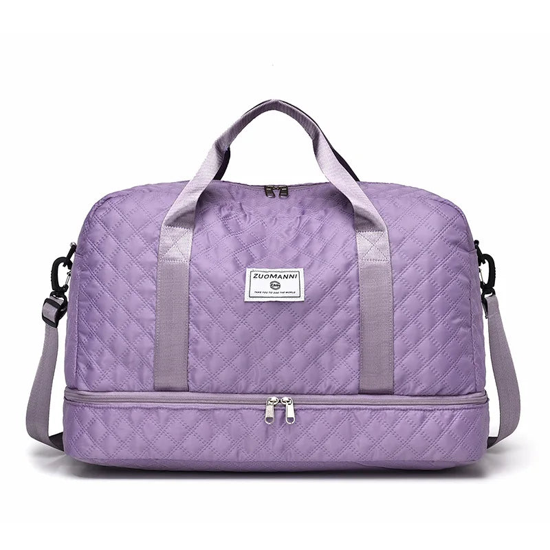 A purple ZUOMANNI durable nylon travel duffle bag with light gray straps.
