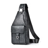 A black men's PU leather belt sling chest bag with a strap and buckle.