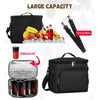 Black insulated canvas lunch bag with dual handles and a clear compartment showing various food items.