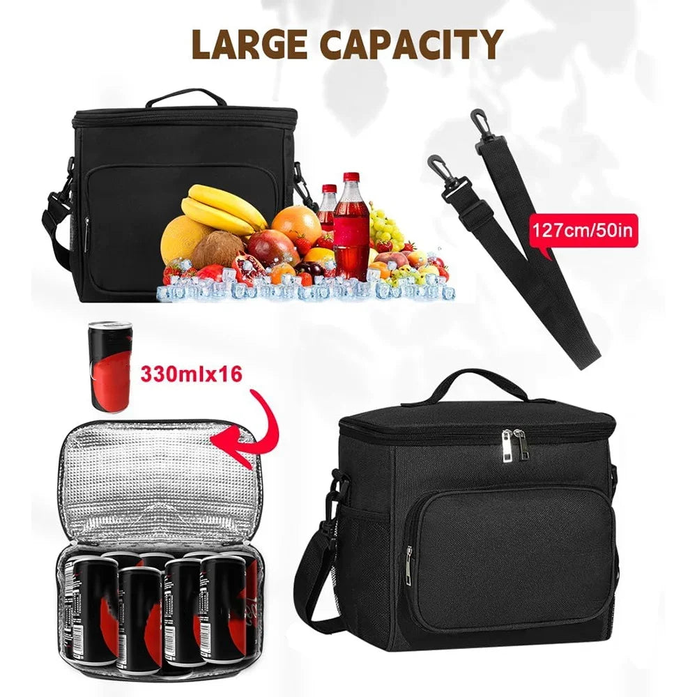 Black insulated canvas lunch bag with dual handles and a clear compartment showing various food items.