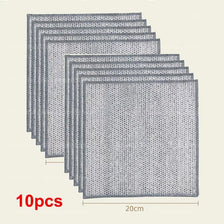 A stack of ten reusable metal mesh dish cloths, gray in color, shown flat with a 20cm dimension.