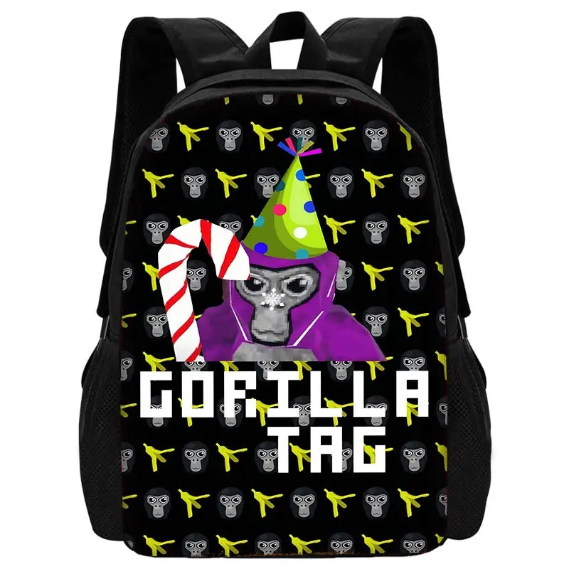 Sac à dos noir avec un dessin de gorille en carton avec un visage violet et un bâton de bonbon rayé.
