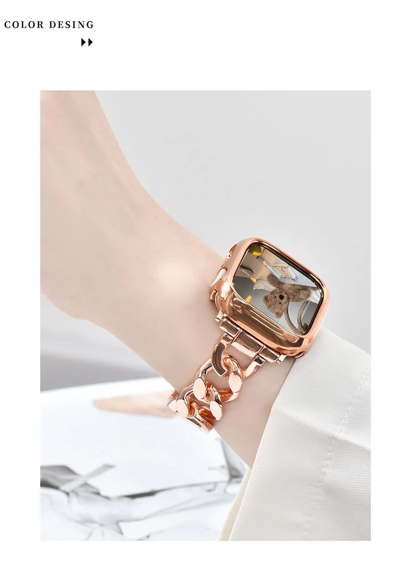 Nahaufnahme eines roségoldenen Edelstahlarmbandes für Huawei-Armbänder, getragen an einem Handgelenk.