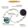 A silver handbag hook structure featuring a magnetic closure, anti-slip rubber, and rotating part for portable organization.