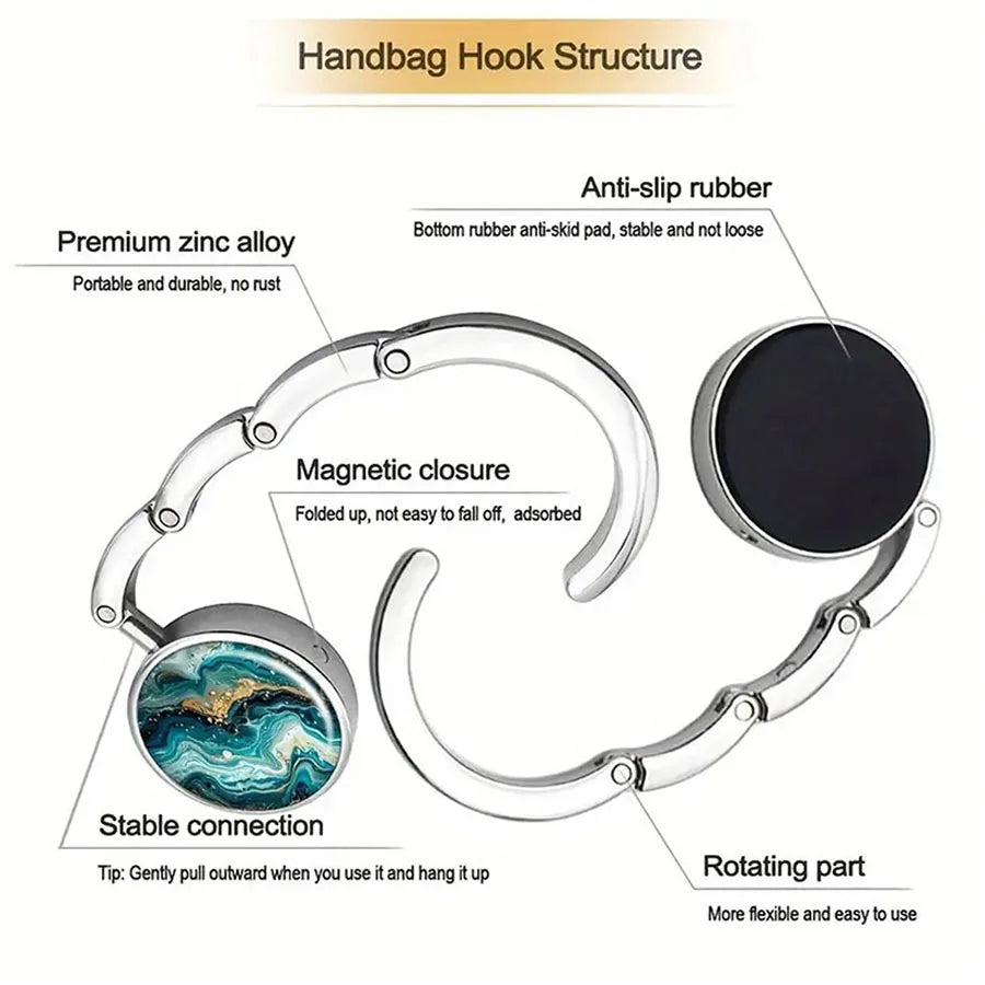 A silver handbag hook structure featuring a magnetic closure, anti-slip rubber, and rotating part for portable organization.