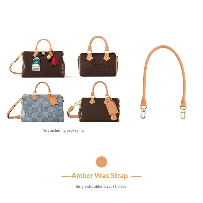 Three brown and gray synthetic leather shoulder bags with amber wax straps shown individually.