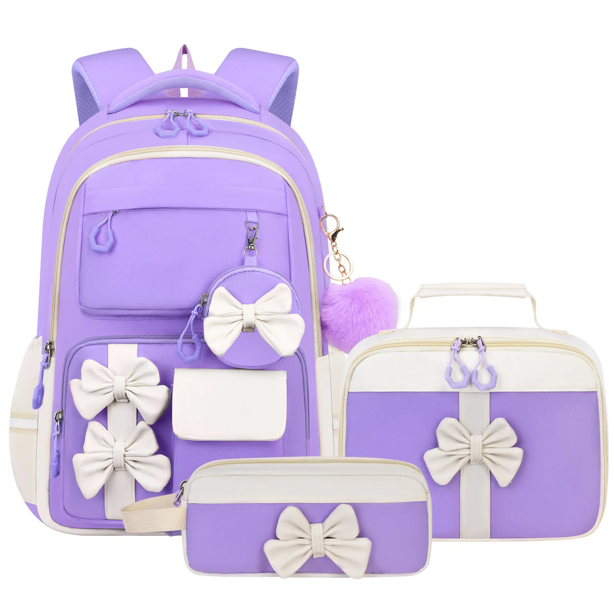 A purple and white nylon school backpack set for girls, including a backpack and a separate bag.